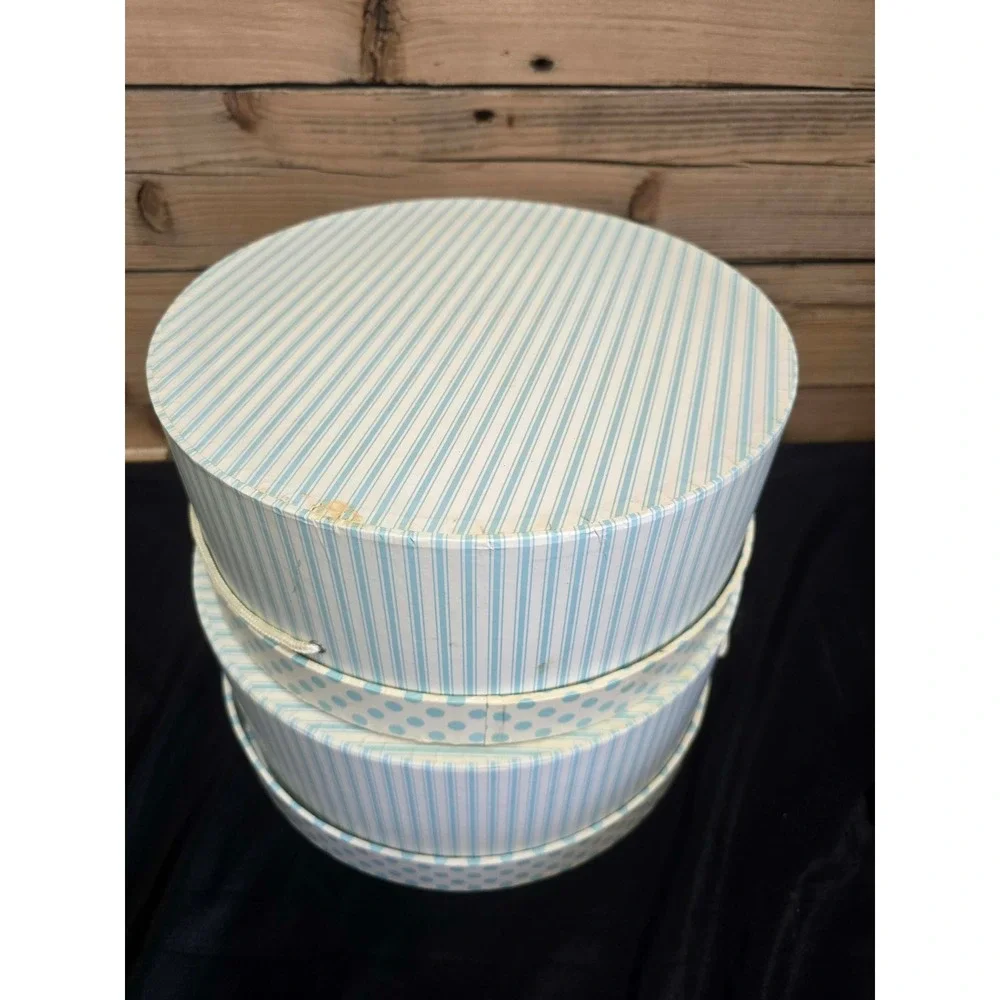 Vintage Style Round Nesting Hat Boxes Light Blue Stripes Polka Dots Set of 2